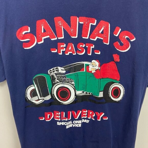 Santa Christmas Blue Short Sleeve Tee Cotton Mens Size Large T-Shirt Novelty L - Picture 2 of 8